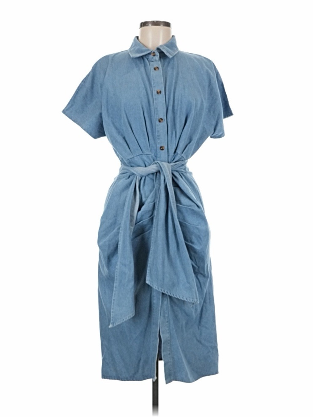 Light Blue Denim Button-Front Tie-Waist Shirt Dress - Picture 1 of 6